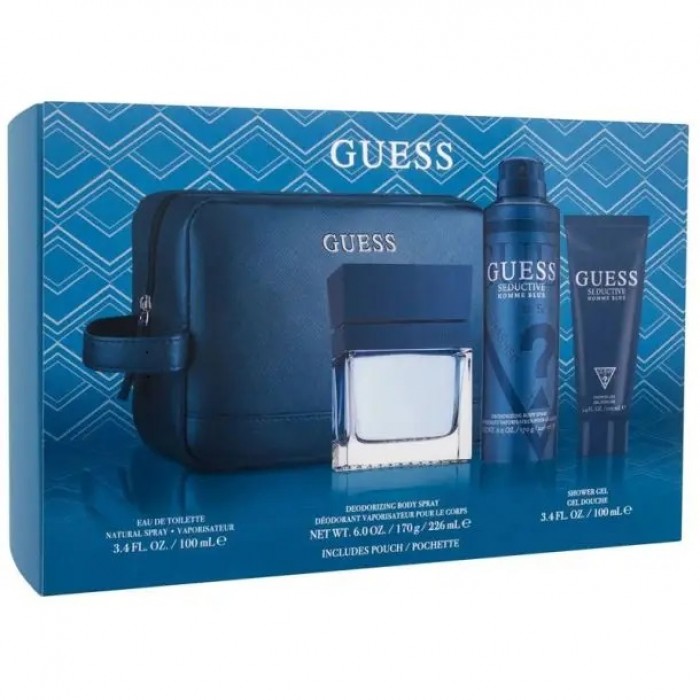 Set pentru bărbați Guess Seductive Blue - Apă de toaletă 100 ml + Deodorant 226 ml + Gel de duș 100 ml + Trusă de transport Parfumuri