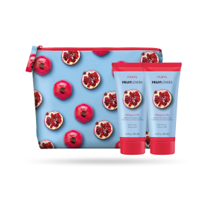 Set pentru femei Pupa Fruit Lovers Rodie - Loțiune de corp 200 ml + Gel de duș 200 ml + Trusă de cosmetice