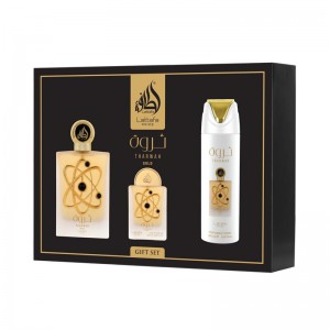 Set pentru femei Lattafa Pride Tharwah Gold - Apă de parfum 100 ml + Deodorant spray 200 ml + Apă de parfum 20 ml + Apă de parfum (cu atomizor) Set pentru femei Lattafa Pride Tharwah Gold - Apă de parfum 100 ml + Deodorant spray 200 ml + Apă de parfum 20 ml + Apă de parfum (cu atomizor)
