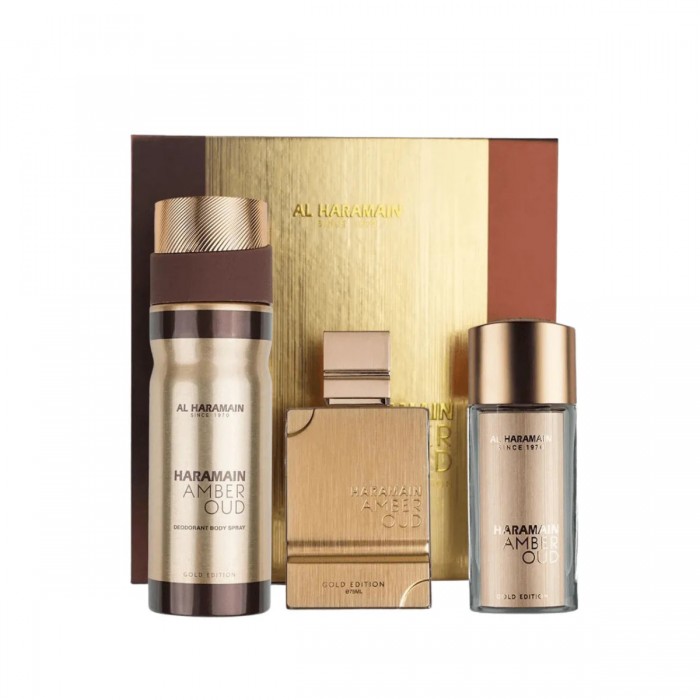 Preț pentru Set unisex Al Haramain Amber Oud Gold Edition - Apă de parfum 75 ml + Apă de parfum 30 ml + Deodorant spray 200 ml