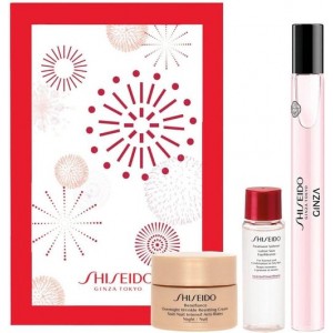Set pentru femei Shiseido Benefiance - Crema de noapte 30 ml + Crema hidratantă pentru piele 30 ml + Apă de parfum Ginza EDP 10 ml