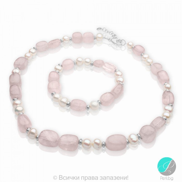 Bessie - Set colier de perle și brățară cu cuarț roz A 9 - 10 mm 11066 Perle pentru ompletează