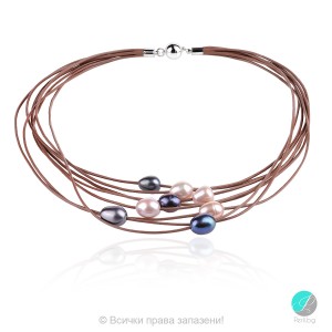 Eliza - Colier cu mai multe rânduri de perle și piele A 11 - 12 mm 11786K