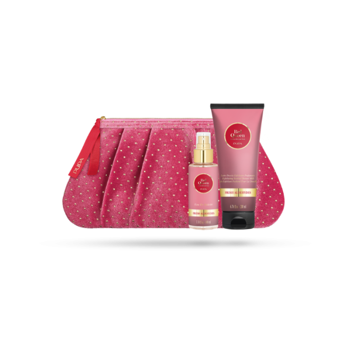 Комплект за тяло PUPA Red Queen S2 002, Свежи алдехиди - Мляко за душ 200 мл + Тоалетна вода EDT 100 мл + Козметичен несесер Cosmetice